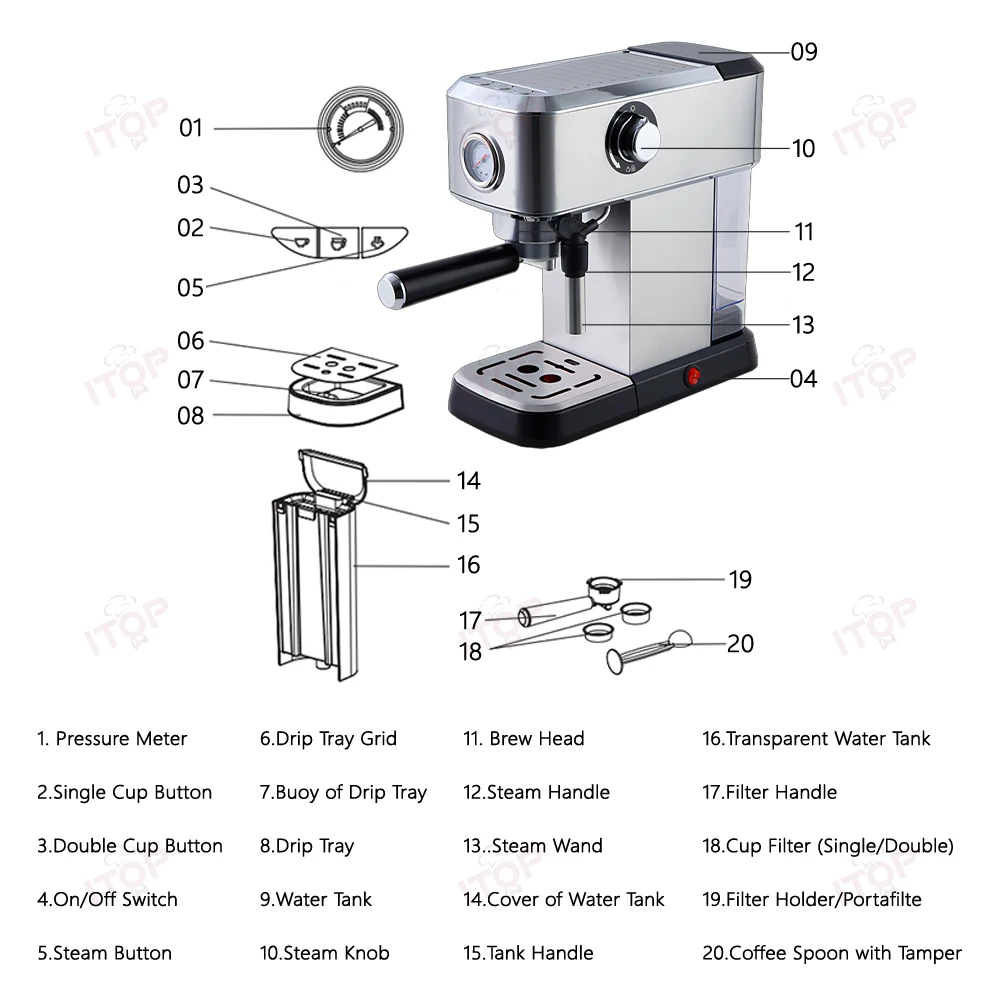 Ekspres do kawy ITOP Espresso domowy ekspres do kawy kawiarnia 1,2l zbiornik na wodę 1350W 15bar ULKA pompa 51mm Portafilter