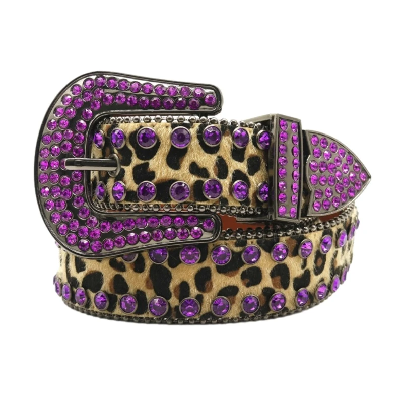 

Punk Leopard Pattern Waist Belt for Jean Heavy Duty Hip Hop Belt Waistband Glinting Buckle with Encrusted Rhinestones