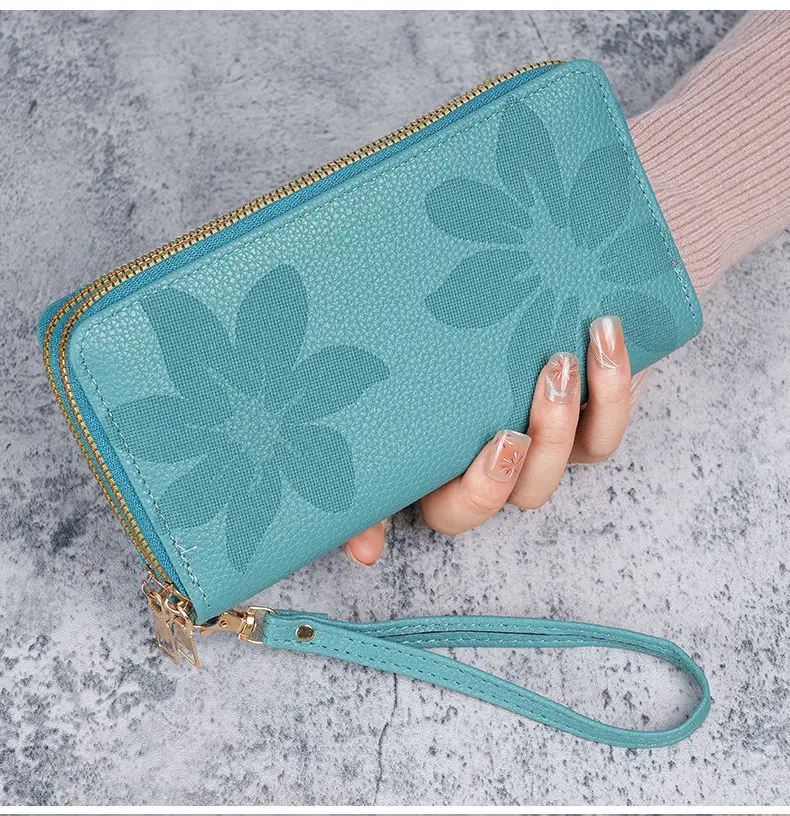 Neue Doppel-reißverschluss Große Kapazität Lange Brieftasche für Frauen Mode Multi-schicht Telefon Münze Karte Geldbörse Floral Geprägte PU leder – Detail 14
