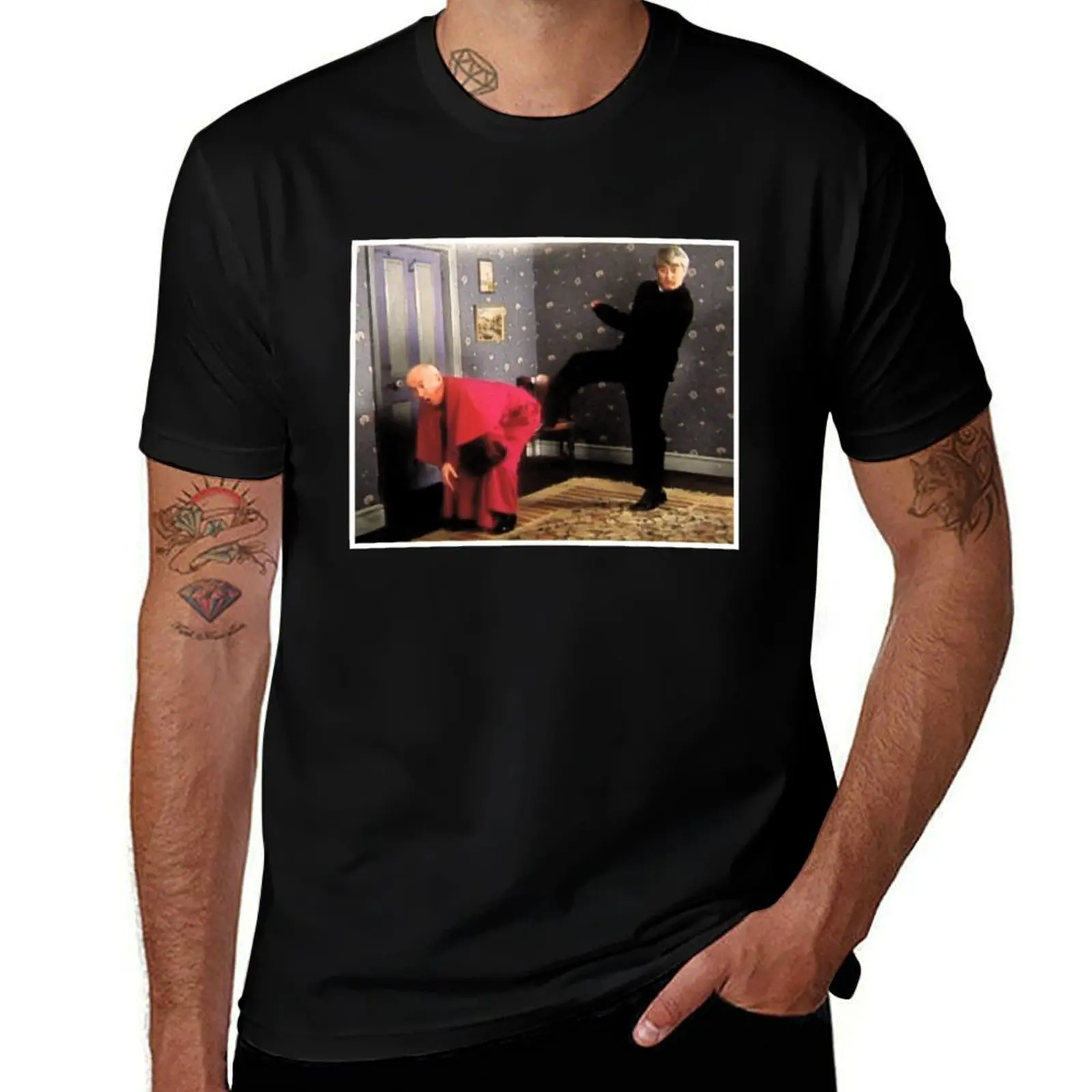 

Father Ted - Framed Picture of Bishop Brennan Being Kicked up the Arse T-Shirt boys animal print mens t shirts pack