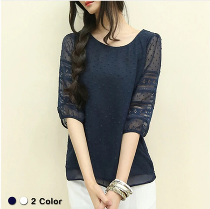 Womens Korea Fashion Blouses Half Sleeve Blusas Chiffon Shirts Lace Stitching Plus Size blouse S-5XL