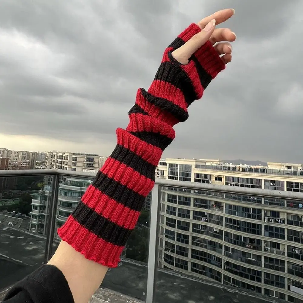 Arm Cover Y2K Striped Knitted Arm Sleeves Long Lolita Long Fingerless Gloves Sweet Korean Arm Warm Gloves Halloween