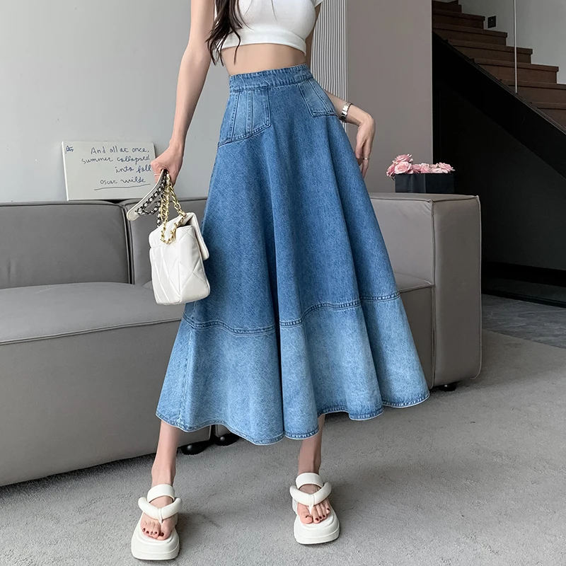 

Retro Gradient Denim Half Skirt Women's Summer New Washed Mid-length Large Swing A-line Skirts High Waist Slim Back Zipper Skirt