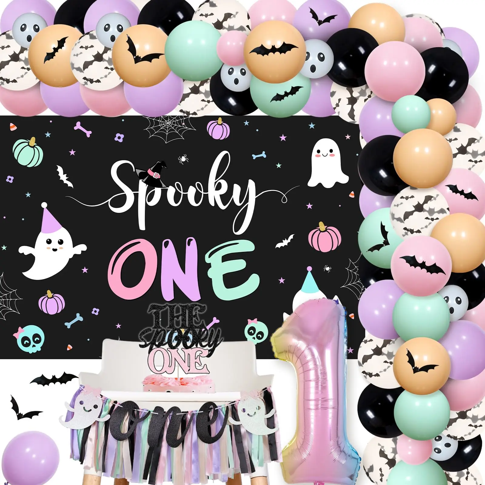 

Kreatwow Halloween 1st Birthday Party Decorations for Girls Spooky One Backdrop Cake Topper Pastel Macaron Balloon