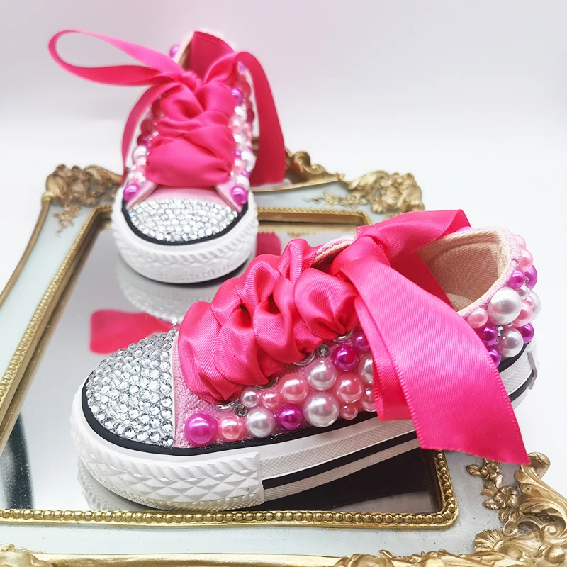 Kids Low Top Canvas Shoes DIY Customized Shoes Doll Beauty Pink Girl Party Sparkle Princess Rose Red Bling Pearls Sneakers