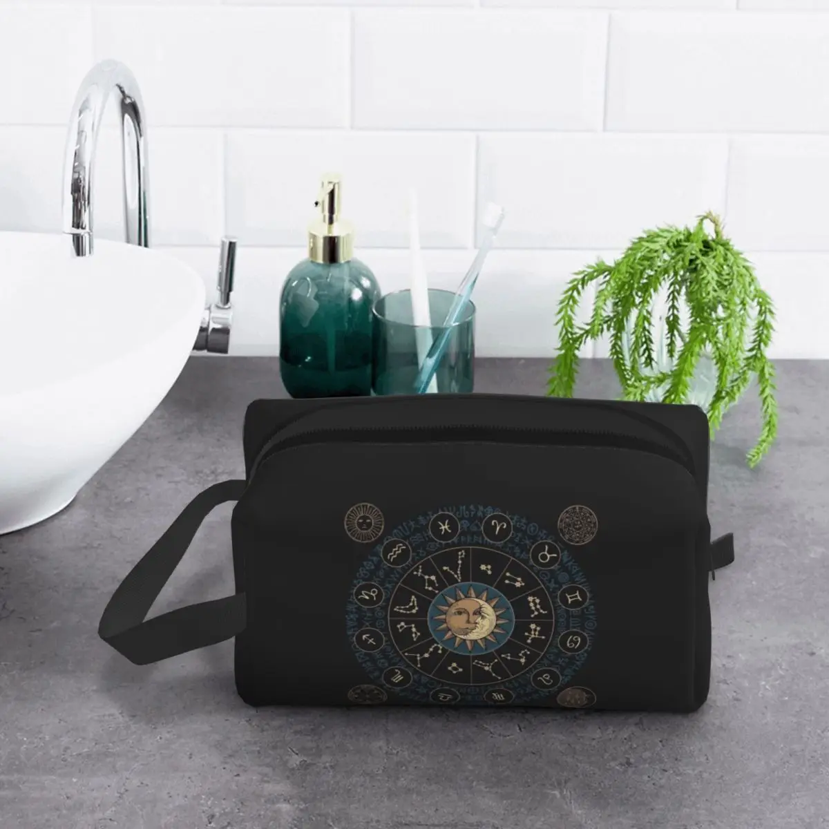 Horoscope Wheel With Zodiac Signs Makeup Bag Cosmetic Organizer Storage Dopp Kit Toiletry Cosmetic Bag for Women Beauty