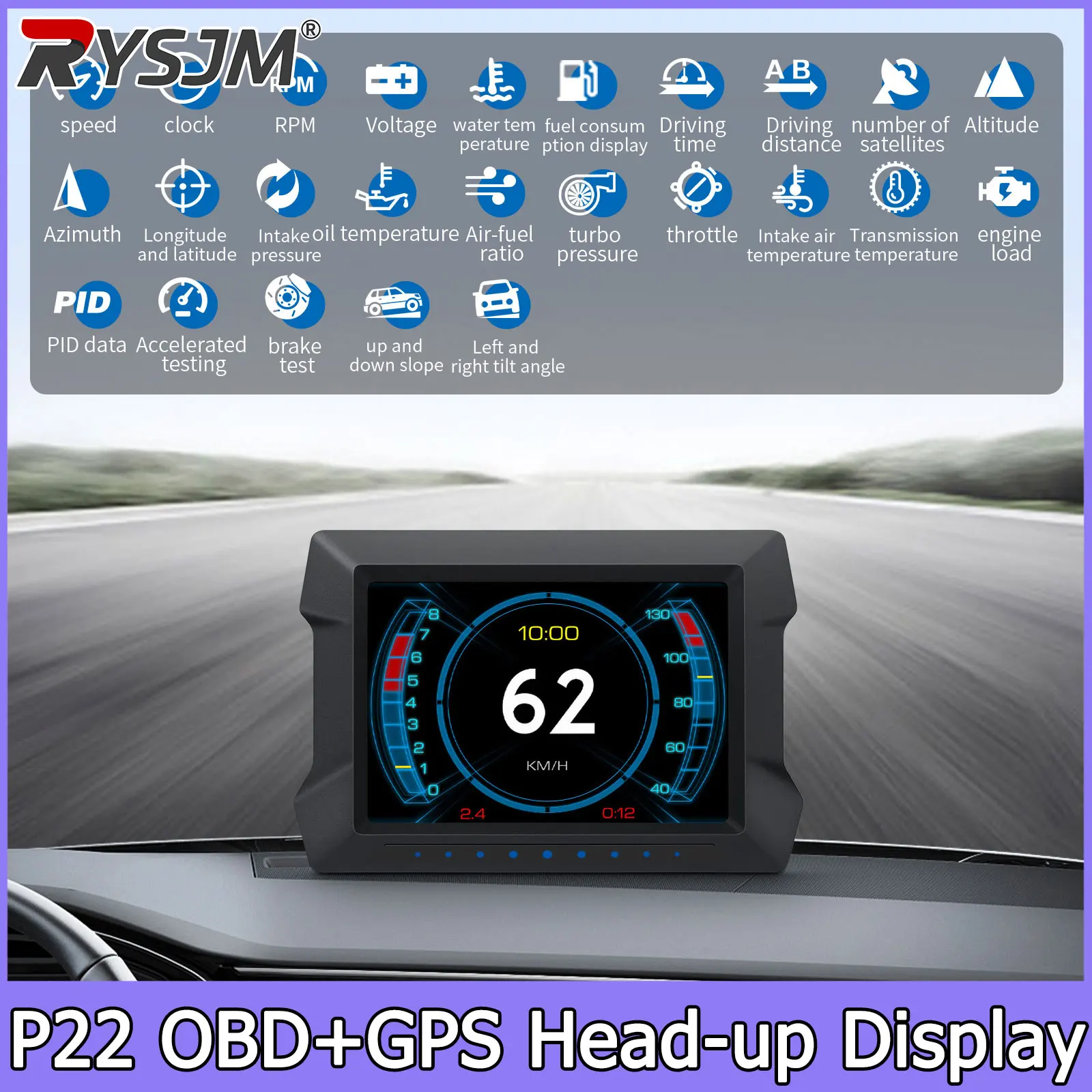 P22 OBD2 GPS HUD Head-up Display Speedometer with Alarm Water Temperature Voltage Fuel Consumption Clock Car LCD Customized