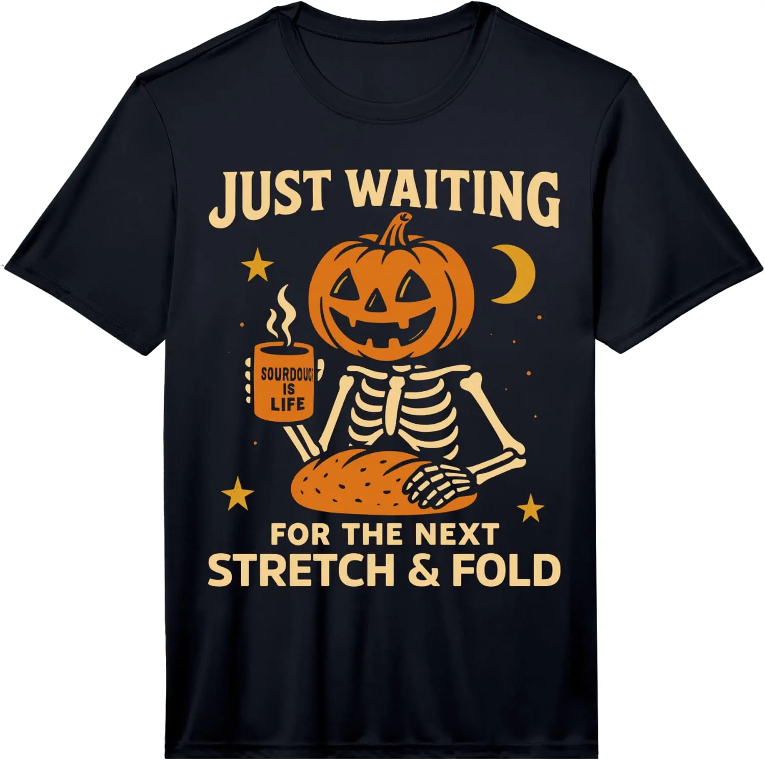 Sourdough Halloween Shirt, Pumpkin Skeleton Stretch And Fold Performance T-Shirt Men's Spooky Halloween Graphic Print T‑Shirt, Crew Neck Short Sleeve Casual Cotton Tee For Holiday Party Daily Street Wear.