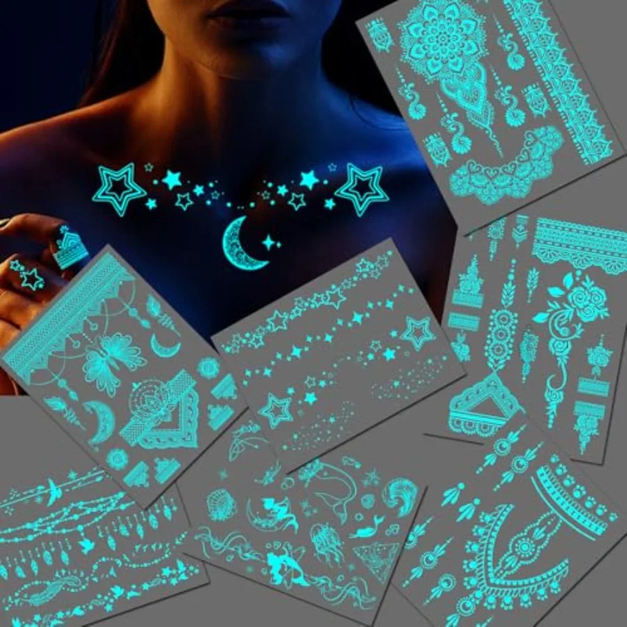 

Glow In The Dark Tattoo 7 Sheets for Women, UV Blacklight Reactive Face Temporary Tattoos for Adults Fake Flower Butterfly Wate