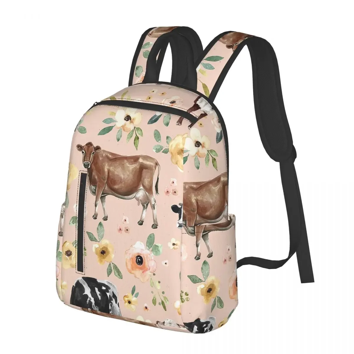 

Cow Floral On Blush Pink, Yellow Flowers Backpack School Bag Hiking Travel Daypack for Boys Girls Fashion Bookbag Shoulder Bags