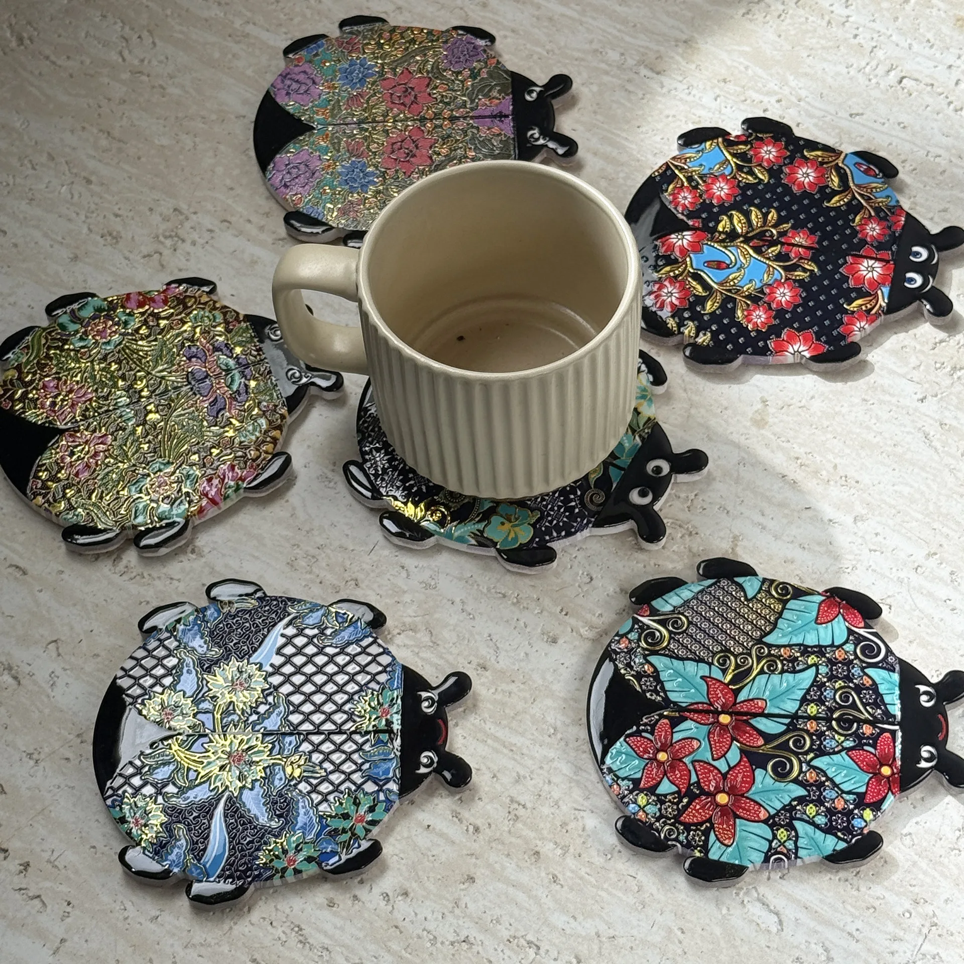 Ladybug Shaped Ceramic Coaster Floral Pattern Gold Foil Embossed Heat Resistant Non Slip Cork Back Cup Mat Table Decor