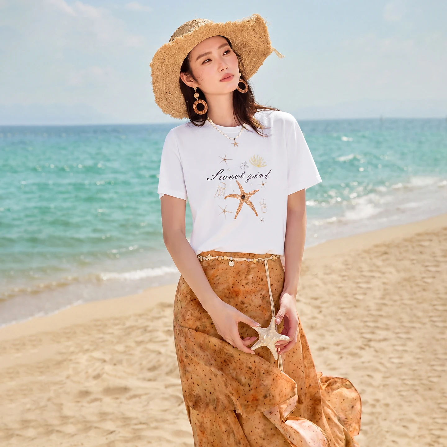 SENTUBILA Women's Summer Casual Two-piece Set 2026 Pure Cotton T-shirt Smudge Printing A-Line Midi Skirt Suit 162ZL7650