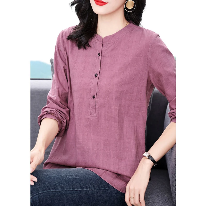 Fashion O-Neck Button Casual Solid Color Plaid Blouses Women\'s Clothing 2024 Autumn New Loose Commuter Tops All-match Shirts