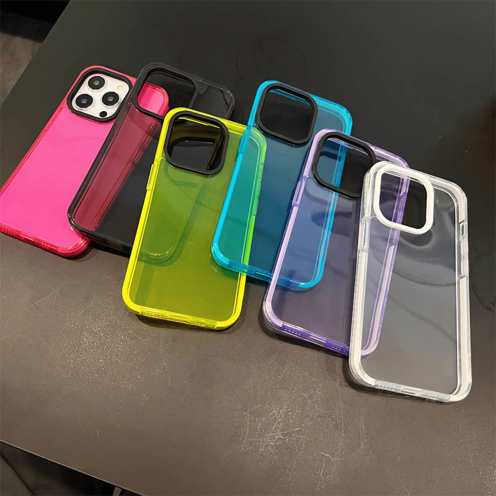 Neon Fluorescent Transparent Phone Case For iPhone 17 16 15 11 12 13 14 Pro Max Bumper Clear Shockproof Soft Silicone Cover