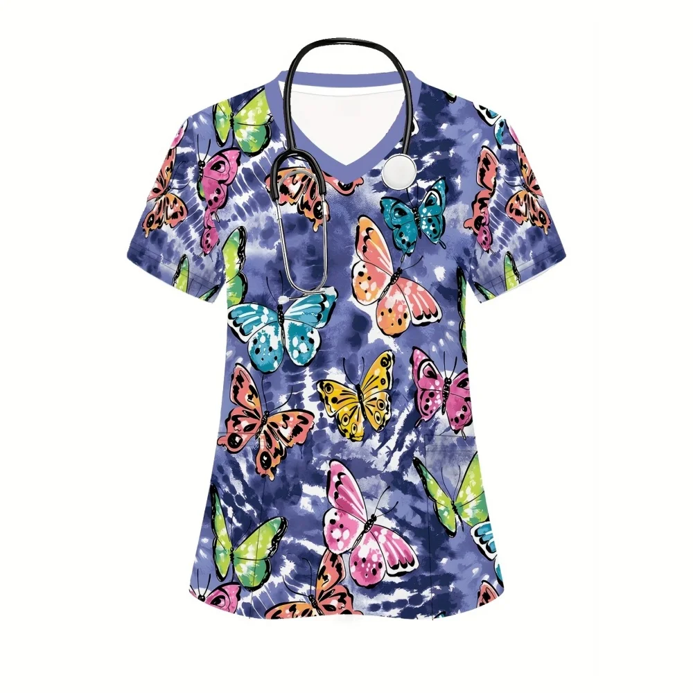 Women's Medical Uniforms Comforts V-Neck Floral Butterfly Print Scrub Tops Summer Short Sleeves Health Clinical Uniforms Woman
