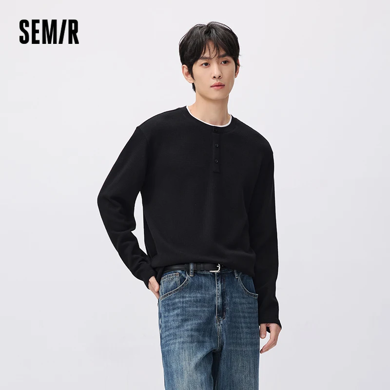 Semir Men Knit Tshirt Waffle Knit Layered Look Half Placket 2026 New Winter Daily Wear Urban Casual Style Cold Weather Layering
