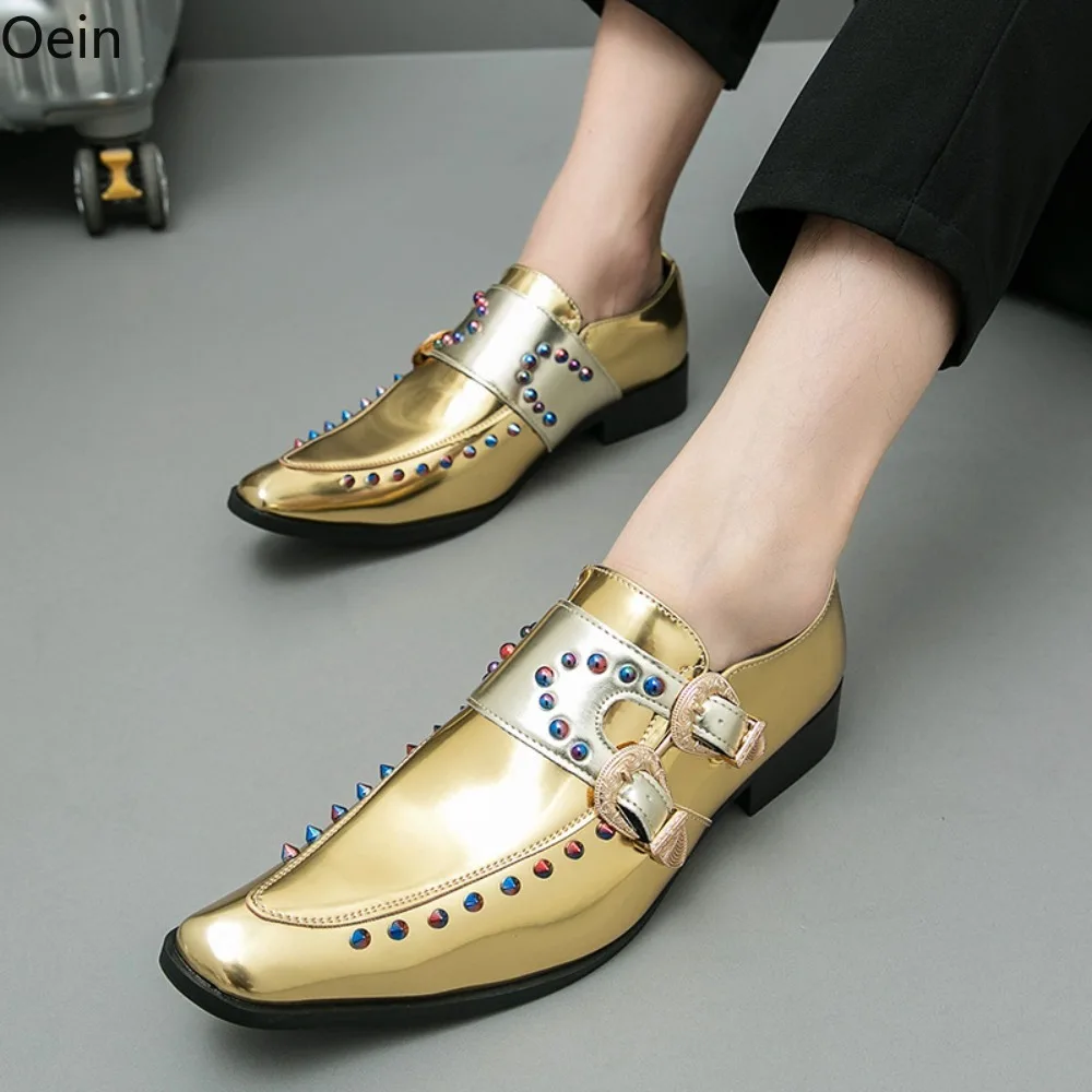 Men Leather Shoes Slip On Glitter Nightclub Party Wedding Pointed Toe Buckle On