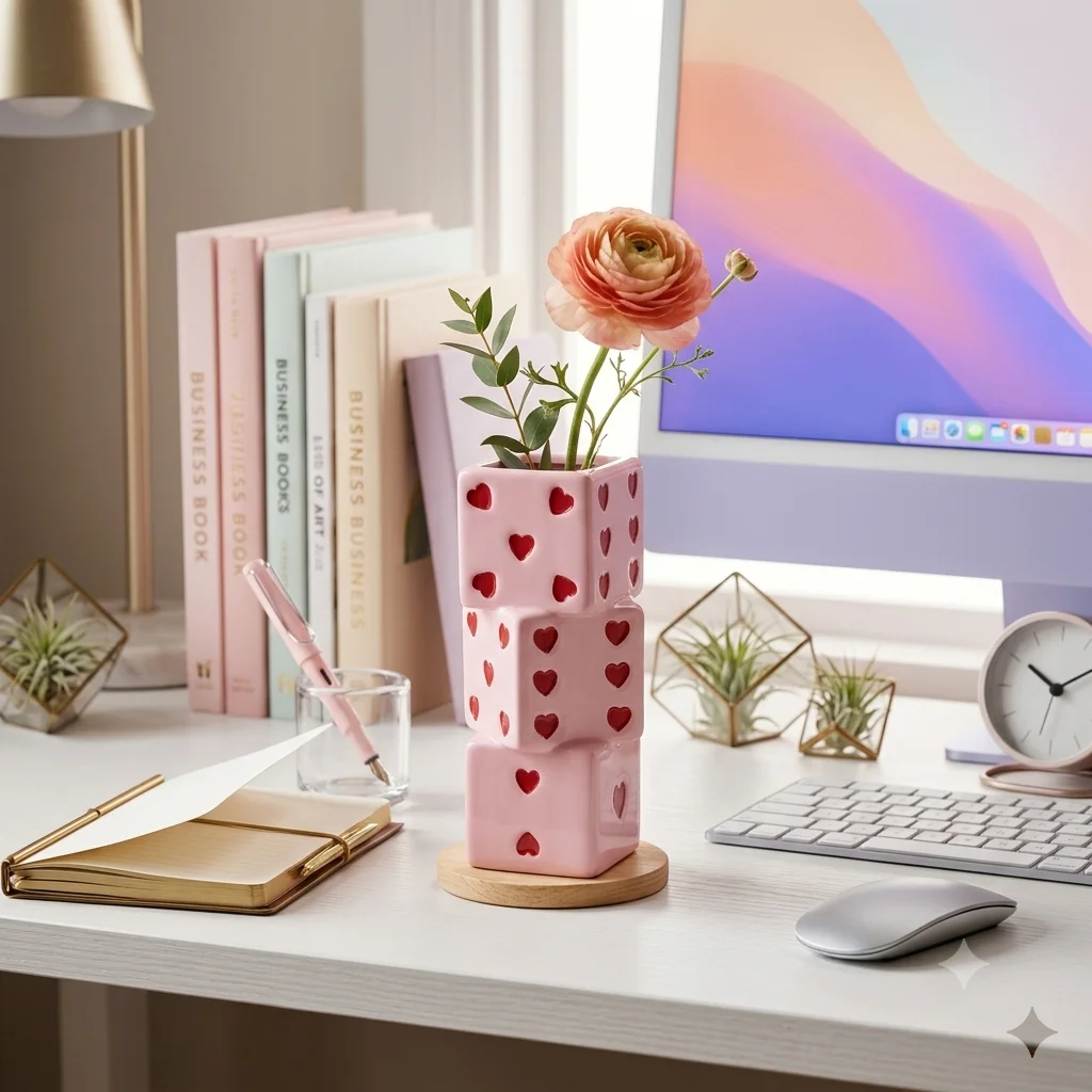 1 x ceramic dice vase, a cute pink heart-shaped stacked dice vase, a home décor item suitable for the living room, bookshelves o