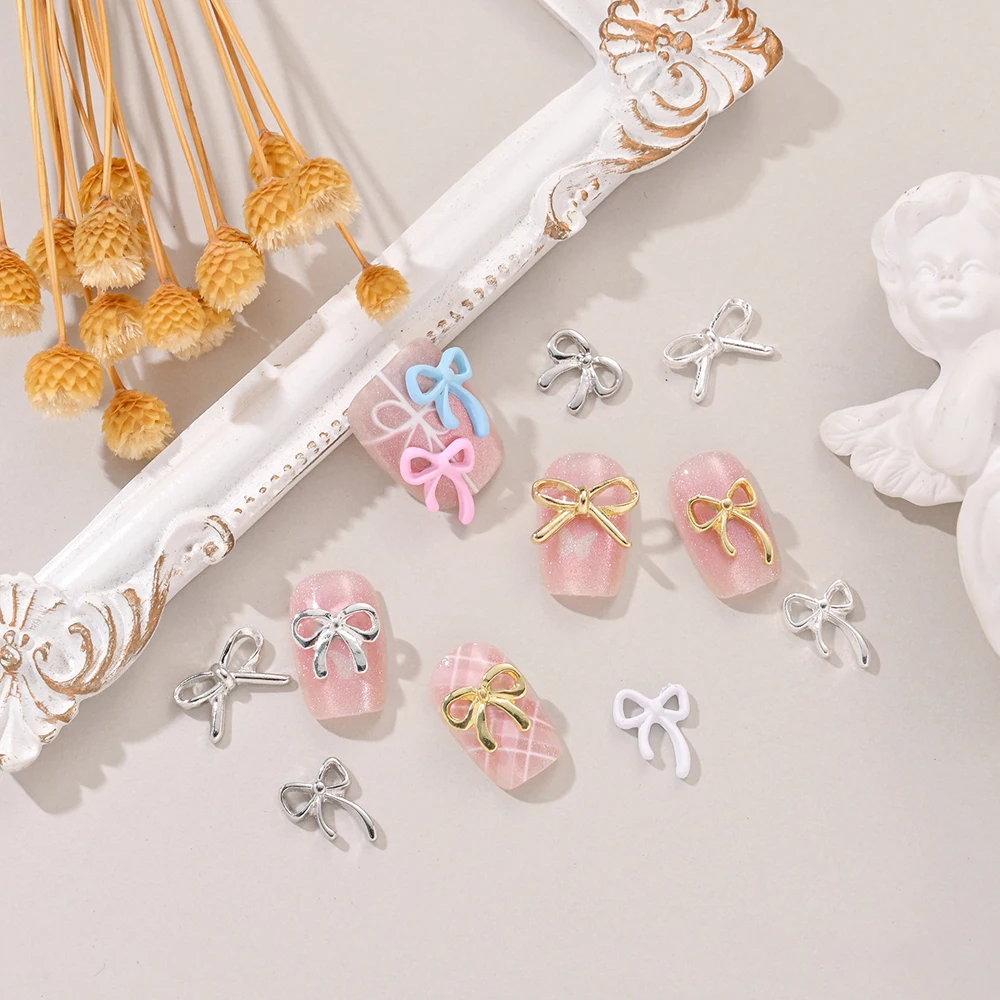 20Pcs Cute Bow Ribbon Nail Art Charm 3D Lovely Hollowed Colorful Metal Lines Bow Nail Decoration DIY Delicate Nail Accessories