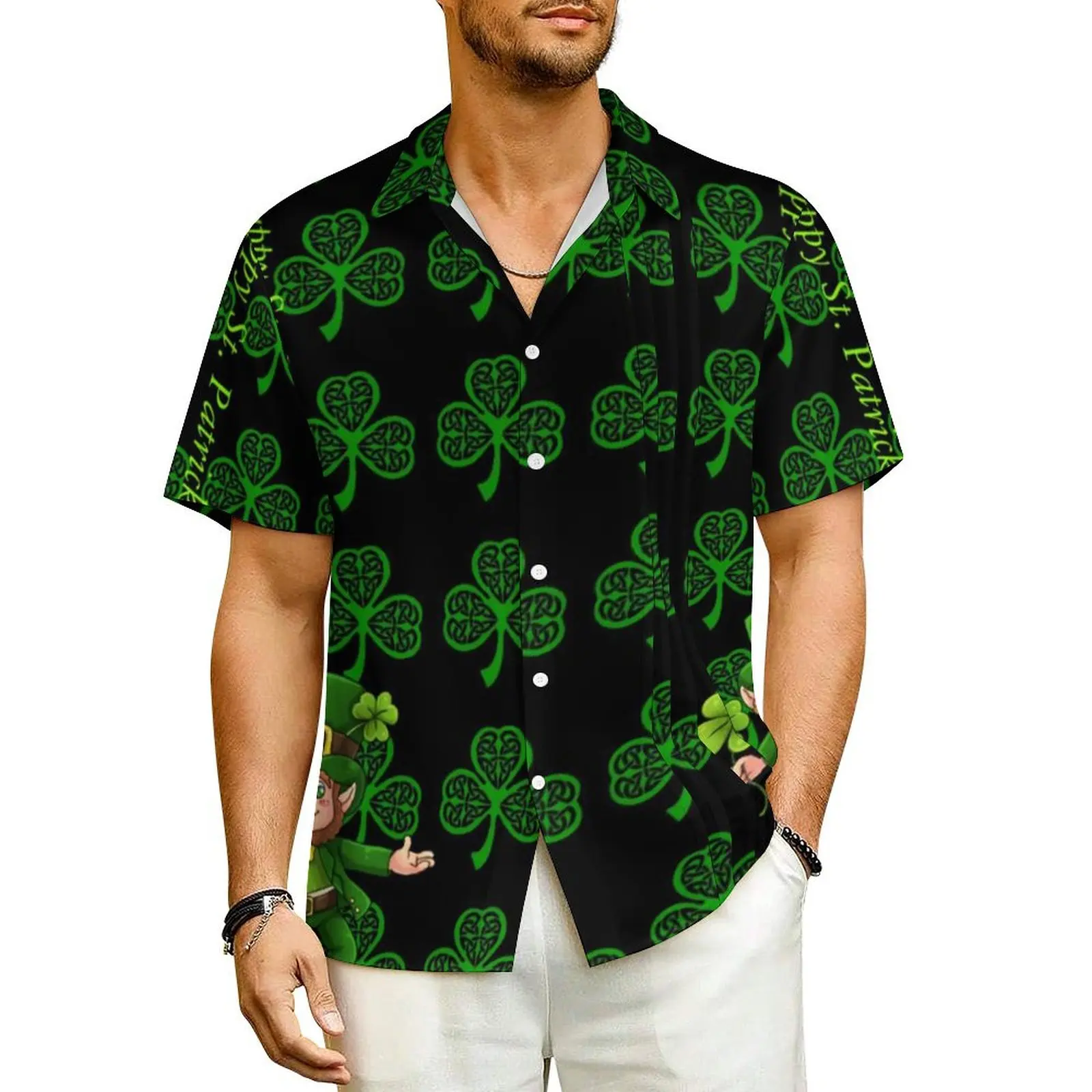 

St Patrick's Day Beach Shirt Mens Leprechaun Lucky Green Shamrock Vintage Casual Shirts Hawaiian Street Style Oversize Blouses