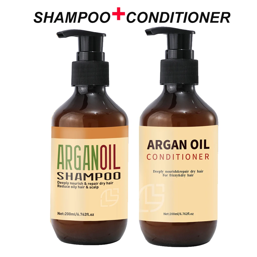 Juego de champú y acondicionador de aceite de argán de 200ML para cabello rizado, liso, seco y dañado, hidratante, antiencrespamiento