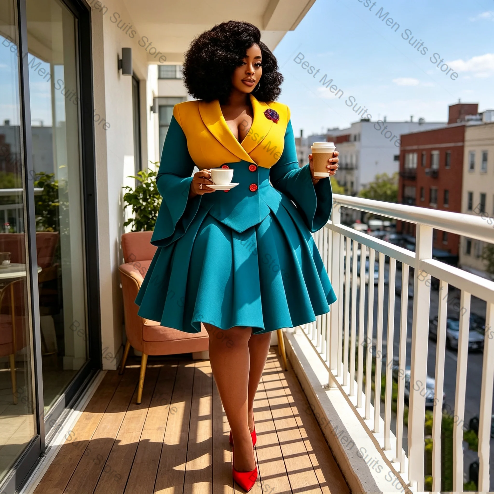 Yellow Blue Women Suit Skirt Set 2 Pcs Blazer Prom Dress Cotton Formal Office Lady Jacket Customized Wedding Tuxedo Guest Coat view 2