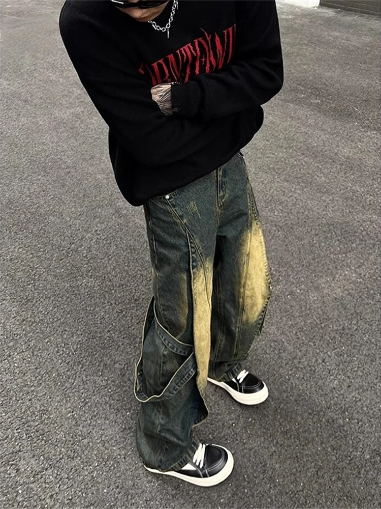 

Ретро-джинсы синего цвета в стиле пэчворк, мужские, в стиле хип-хоп, модные, свободные, прямые, молодежные, американские джинсы.