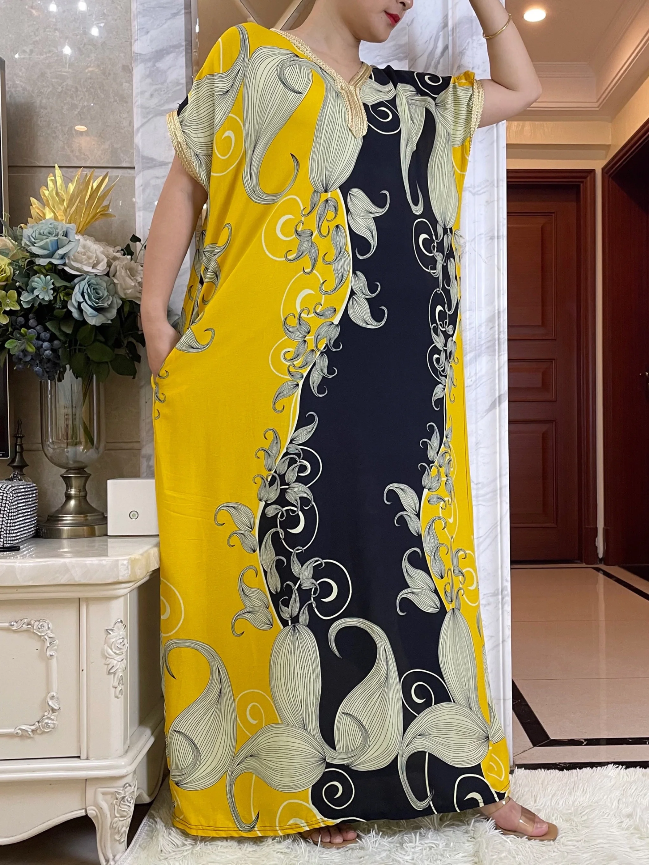 2023 Summer Dress New Style Long Sleeve African Dashiki Floral Printing Cotton Abaya Caftan Elegant Lady Dubai Maxi Casual