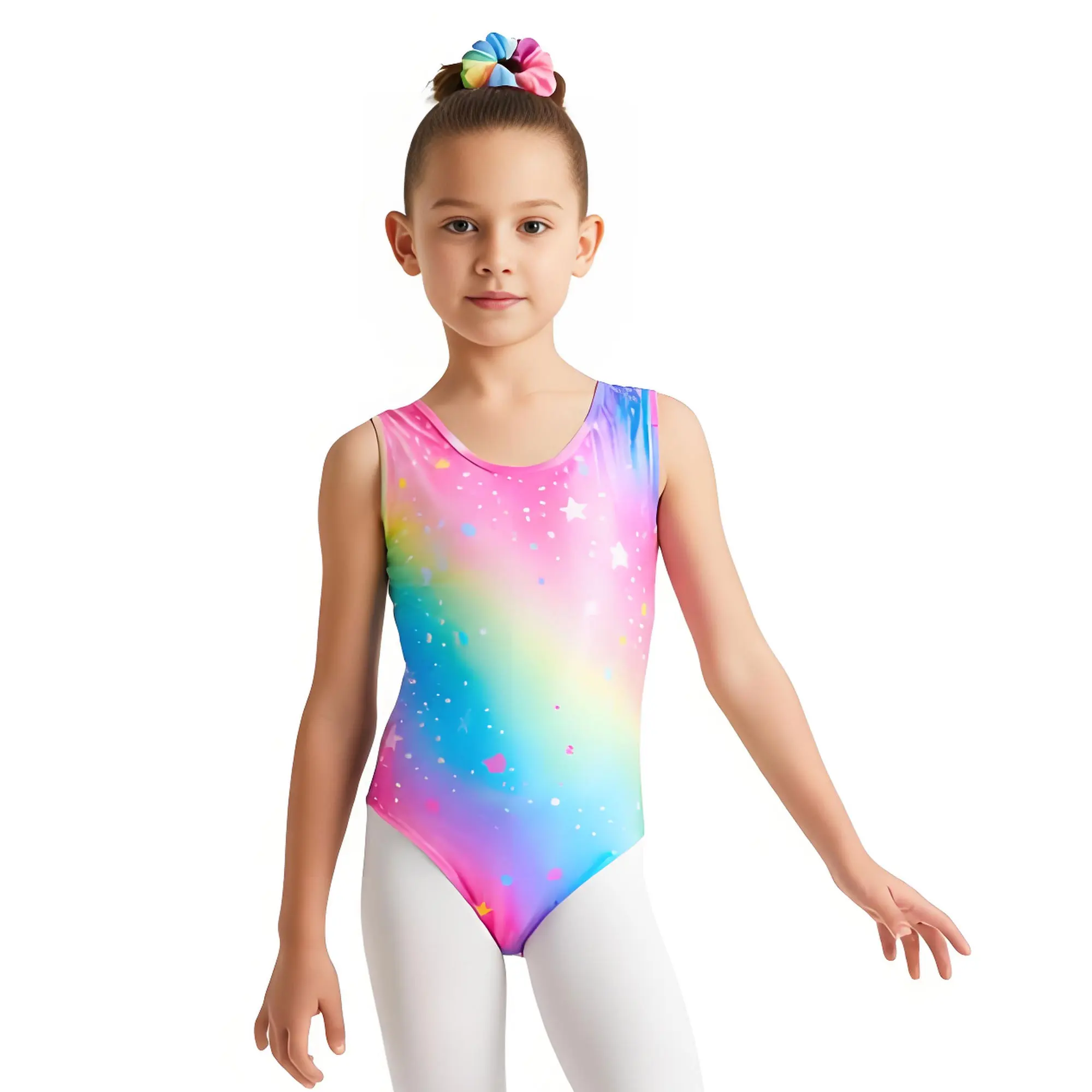 Maillot de gimnasia para niña con degradado, incrustaciones de pedrería y detalles dorados, conjunto con diademas, vestido de ballet sin mangas con efecto bronceado