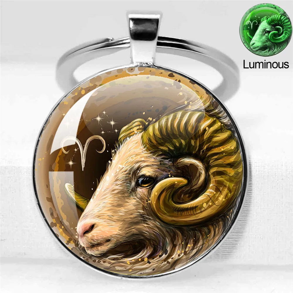 Zodiac Sign 12 Constellation Luminous Animals Photo Glass Pendant Keychain Bag Car Keychain Holder Charms Keychain
