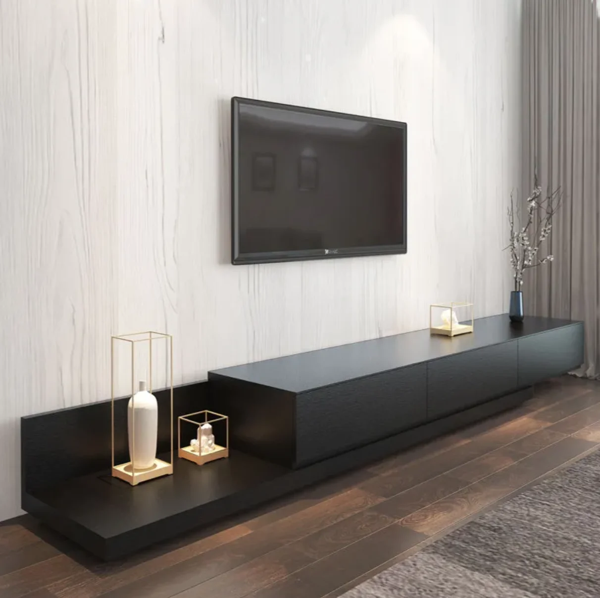#Nordic Modern Simple Retractable Black Walnut TV Cabinet Coffee Table Combination For Small Apartment Bedroom Or Living Room