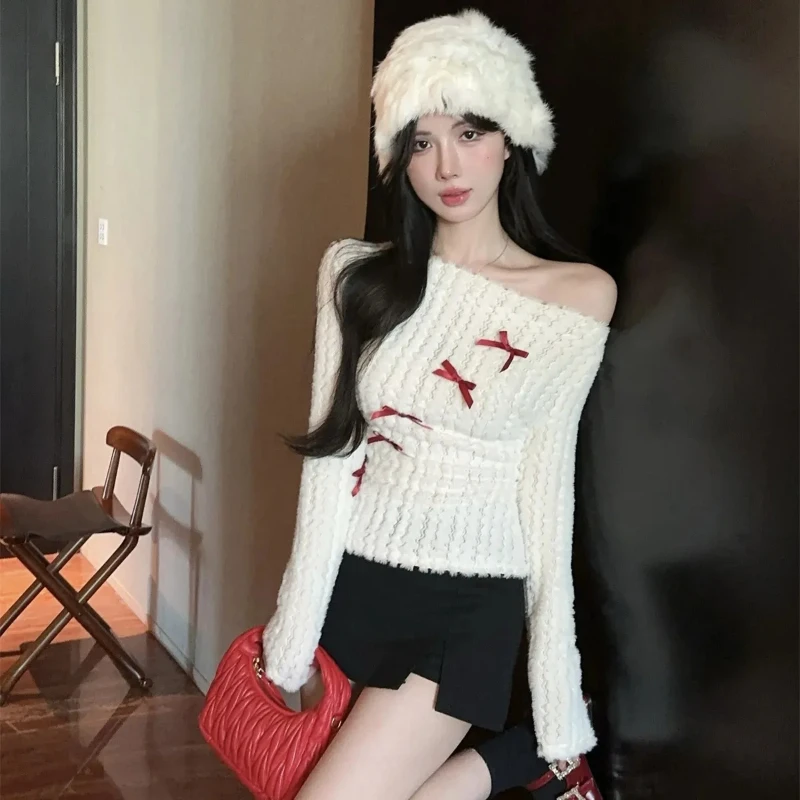 

Женские вязаные топы с открытыми плечами и милым бантом, осень 2022, шикарный облегающий пуловер с длинными рукавами, сексуальный Y2k, универсальная уличная одежда