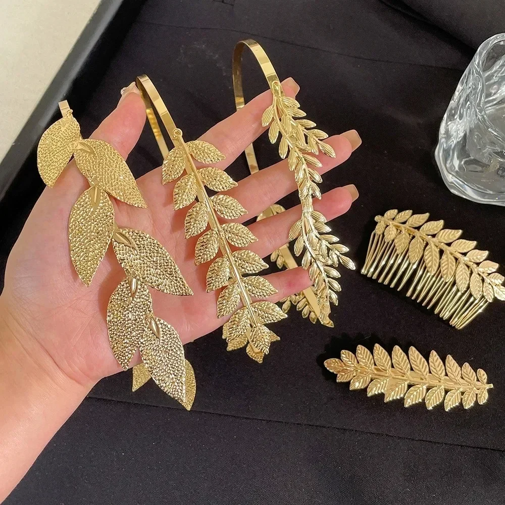 Braut-Haaraccessoires: Griechische goldfarbene Blatt-Stirnbänder für Damen, römische Diadem-Kronen-Tiaras, Kopfschmuck – Detail 7