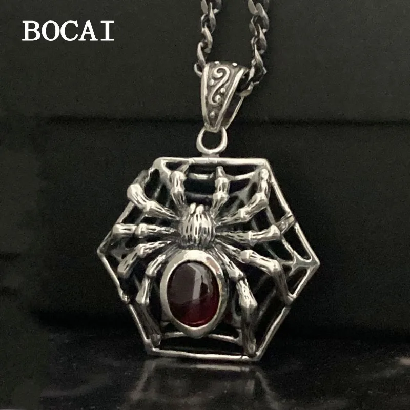 BOCAI NEW S925 Sterling Silver Gothic Vintage Hip Hop Punk Dark Black Red Zircon Spider Pendant for Men and Women