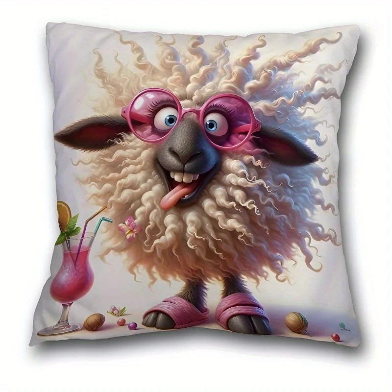 1pc 2D Flat Pillow Not Included Funny Sheep Sunglasses Cocktail Cushion Cover Short Plush Cartoon Animal Decor Gift Case