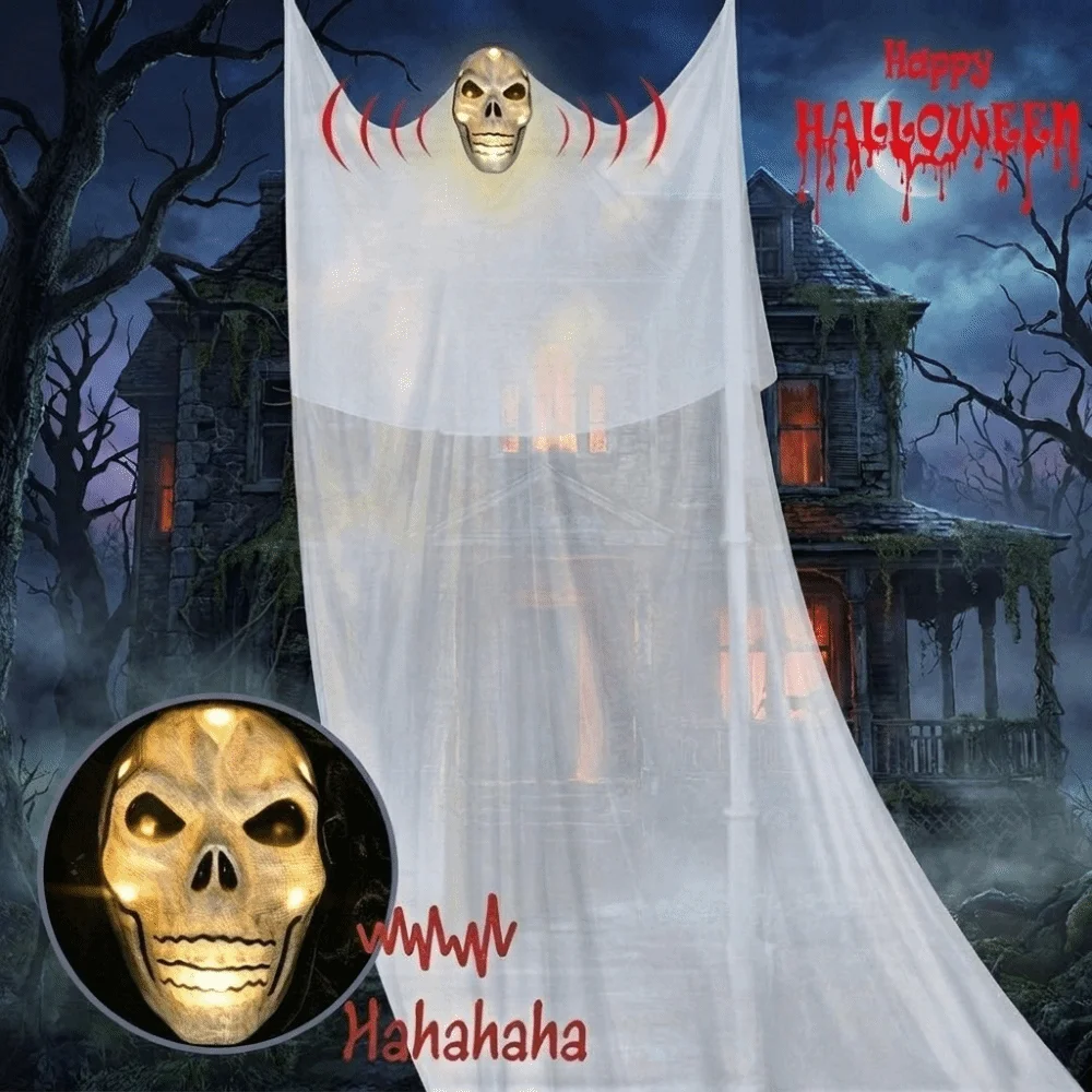 Scary Hanging Skull Ghost Mask Glowing Halloween Mask Large Floating Interactive Ghost Ornament Front Door Decoration
