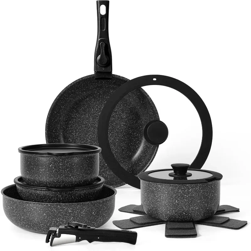 15Pcs Pots and Pans Set Non Stick, Cookware Sets with Detachable Handle, Nonstick RV Kitchen Cooking Set Removable Handles