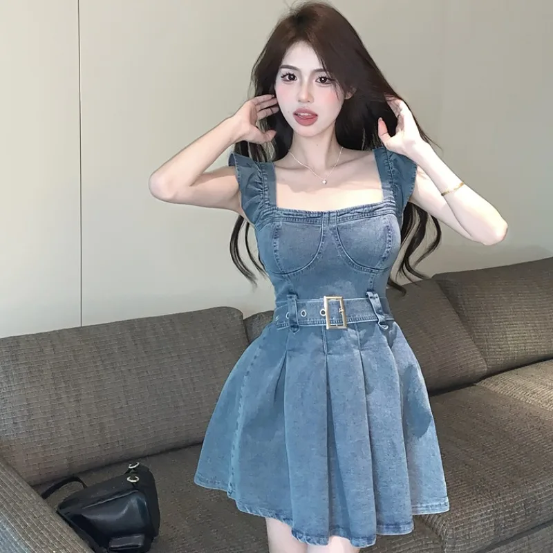 

Summer Women Ruffled Flying Sleeve Square Collar Slim High Waisted Blue Denim Dress , Woman Ladies Casual Pleated Dresses