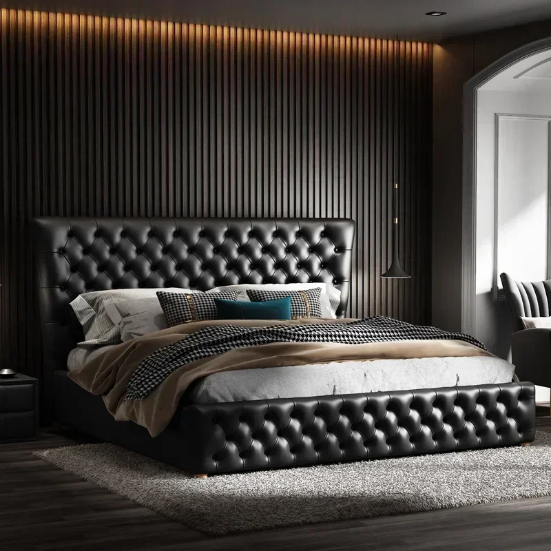 Italian Modern Leather Bed Frames Black Master Bedroom Double Bed Frames Minimalist Storage Matrimonial Furniture Home