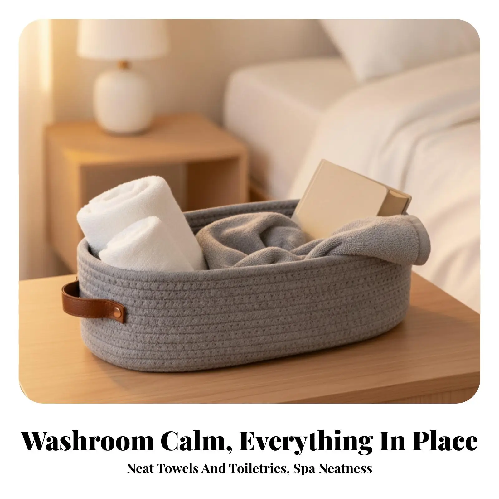 Decorative Braided Storage Basket with Leather Handles for Vanity Organization and Household Cleanup