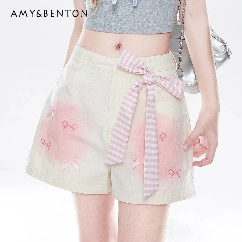 

Korean Pink Bow High Waist Women's Pants Women's Summer New Design Loose Straight Thin Versatile Sweet Cool Cute Shorts Ladies