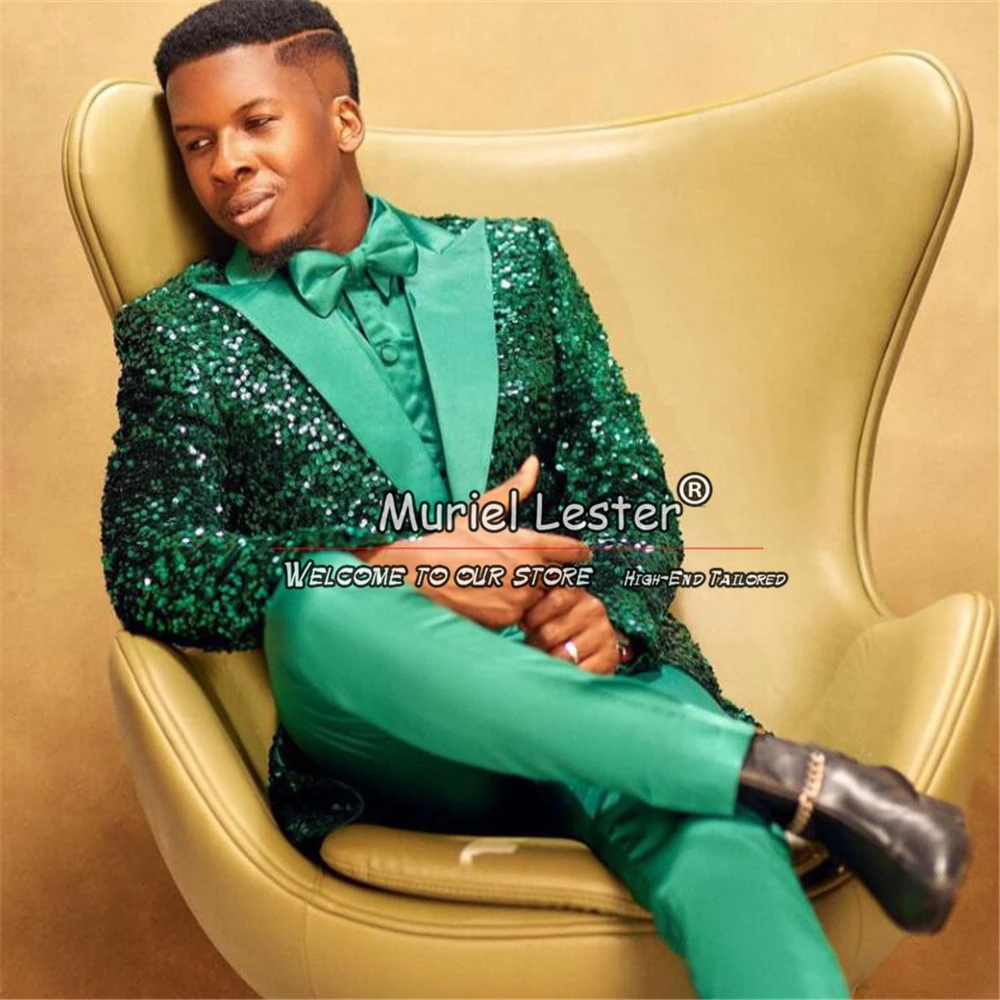 Green Sequin Suits Men Luxury Sparkly Jacket Pants 2 Pieces Groom Wedding Tuxedos Bespoke Single Breasted Prom Blazer Sets 2024