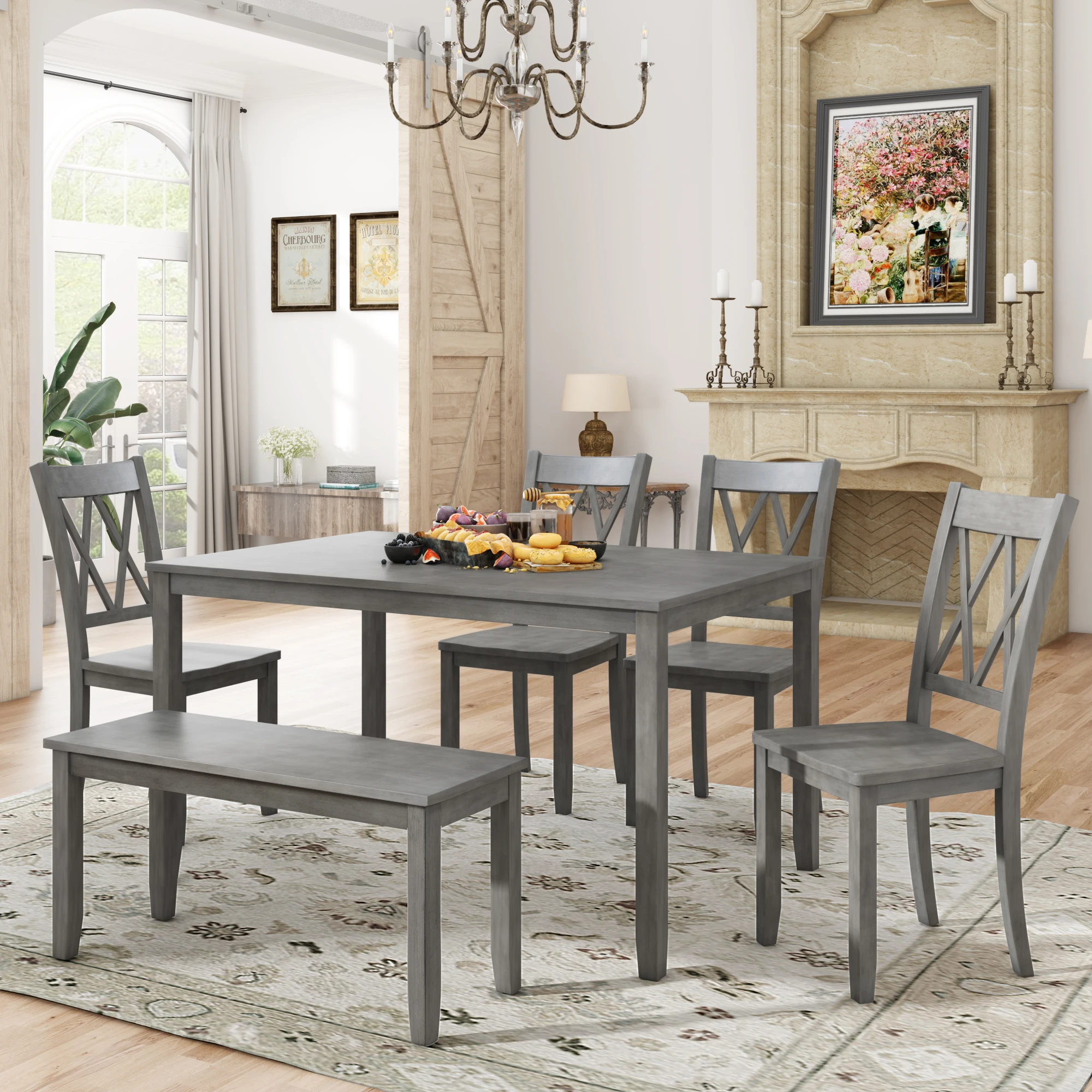 

6pcs Wooden Kitchen Table set Farmhouse Rustic Dining Table Set with Cross Back 4 Chairs & 1 Bench Antique Graywash[US-W]