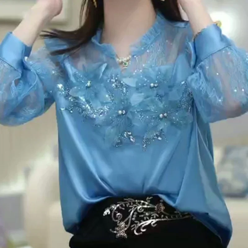 

French 3D Floral Satin Lace Patchwork Blouses Women Soft Blue Sequins Diamonds Shirt Stand Collar Long Sleeve Top 287A XQ214