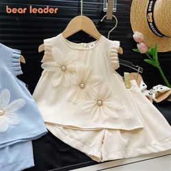 Bear Leader Summer Girls White Clothes 3D Flower Sleeveless Vest+Shorts 2-piece Set Korean Version Plain Children's Clothing