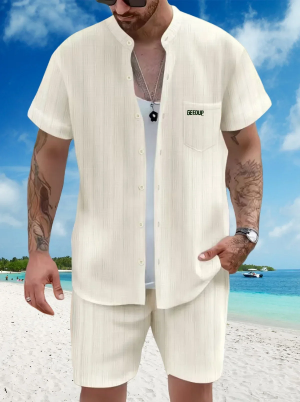 Men's 2025 Casual Beach Short Sleeve Suit Summer Fashion Stand Collar Pocket Loose Shirt Two-Piece Set