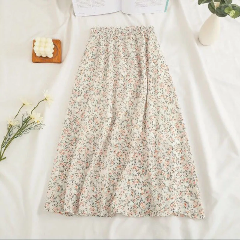 2026 New Korean Retro Floral Midi Skirts for Women Spring Summer Elegant High Waist Casual Mid Length Women's Skirts