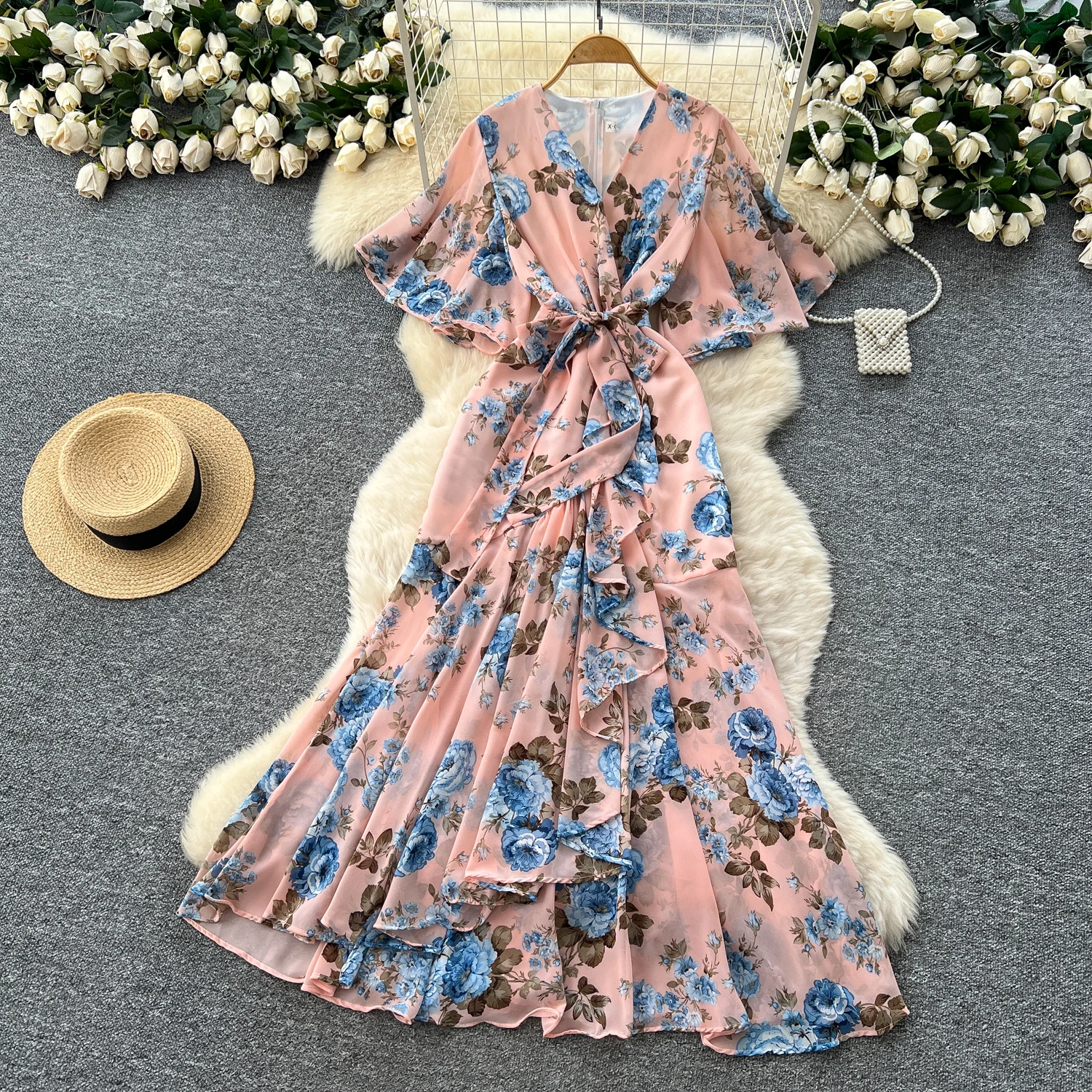 Elegancka sukienka w stylu vintage z dekoltem w serek, asymetryczna, dopasowana, w stylu koreańskim, boho, długa sukienka letnia dla kobiet.