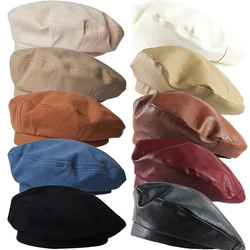 Autumn Winter PU Leather Berets Hats Women Solid Octagonal  Cap Vintage Stylish Artist Painter Caps Ladies Beret Flat Hat