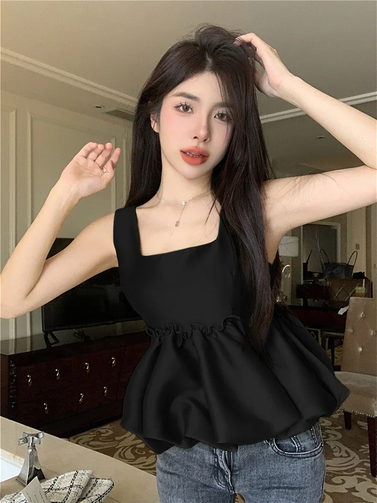 2023 New Summer French Vintage Fashion Satins Camisole Women Sleeveless Crop Top Draped Design Classical Solid Color Aesthetic